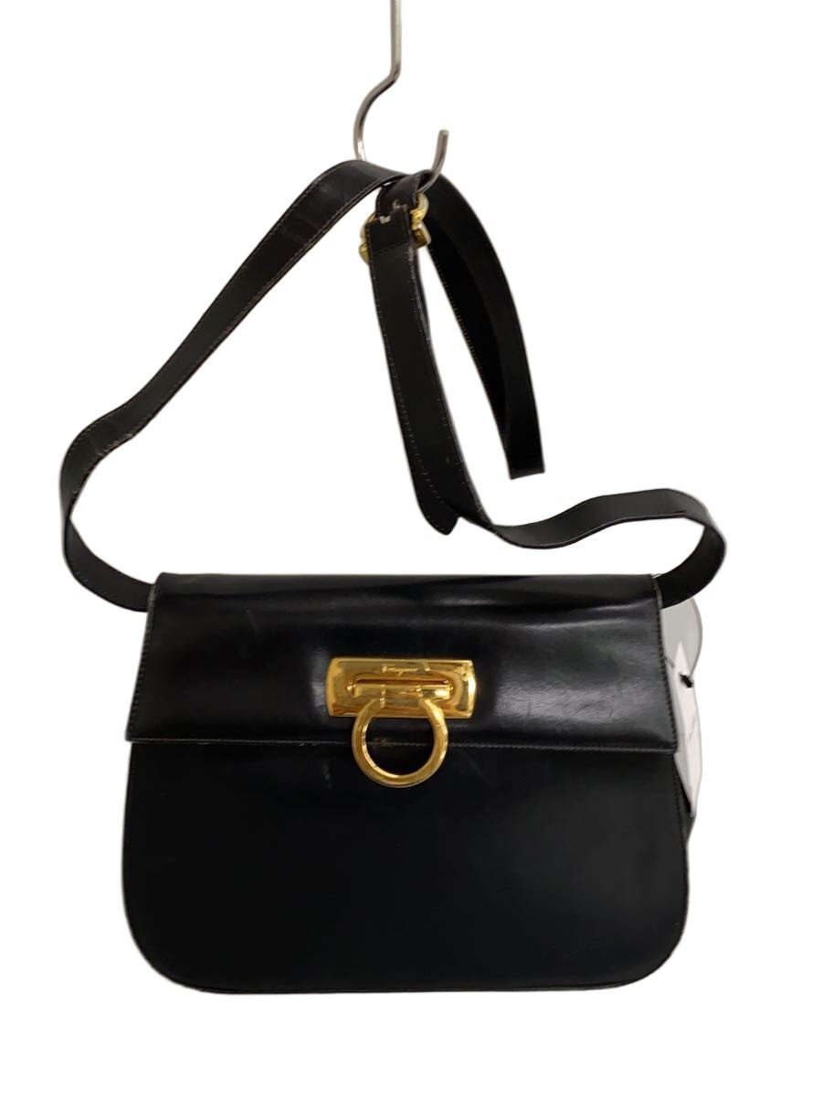 【中古】Salvatore Ferragamo◆ガンチーニ/ショルダーバッグ/なめし革/BLK/無地/E212682//【御徒面子】