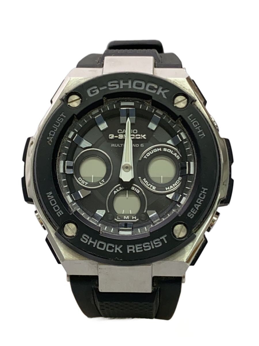 【中古】CASIO◆ソーラーウオッチ/アナログ/天然ゴム/BLK/BLK/gst-w300【服飾雑貨他】