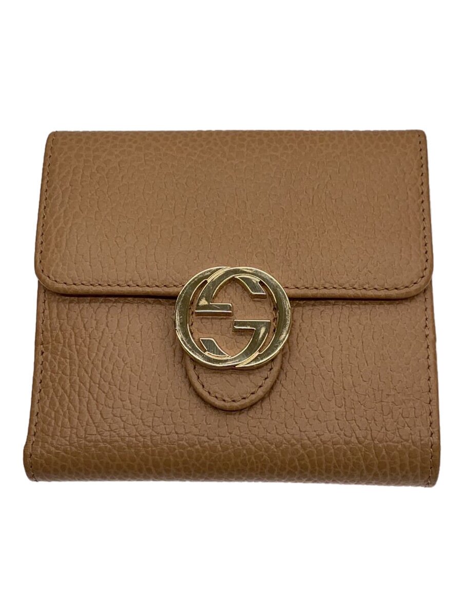 【中古】GUCCI◆2つ折り銭入れ_インターロッキングG/なめし革/BEG/レディース【服飾雑貨他】