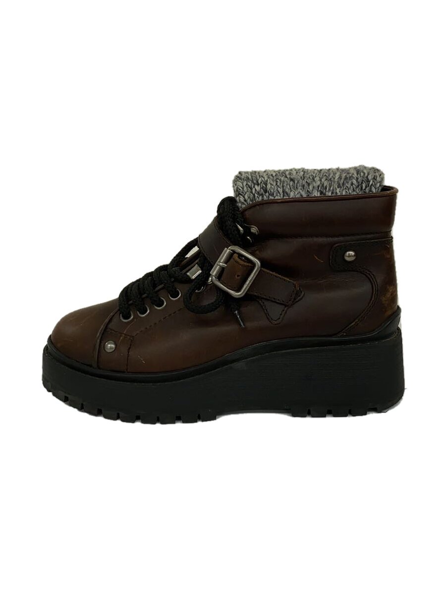 【中古】MIU MIU◆Knit Sock Leather Combat Boots/37/BRW【シューズ】