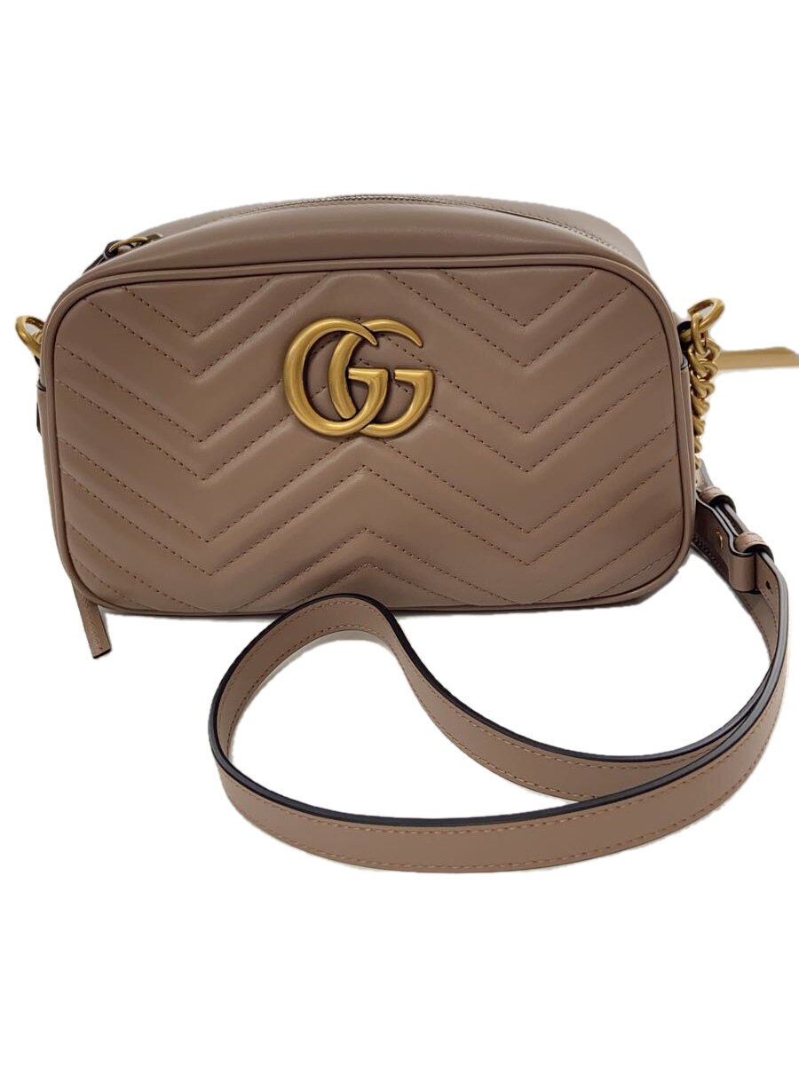 【中古】GUCCI◆チェーン店・ショルダーバッグ_GGマーモント_キルティング/なめし革/ベージュ【御徒面子】