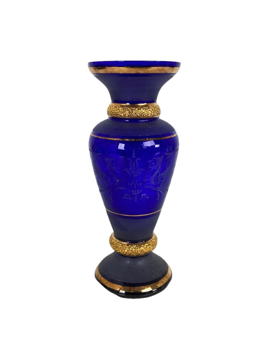 【中古】BOHEMIA GLASS(Crystal)◆花瓶/ブルー/フラワーベース【インテリア小物・日用雑貨】