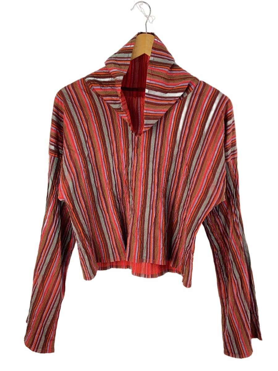 【中古】ISSEY MIYAKE◆ハイネック遊撃手丈/シワ工業/長袖カットソー/2/綿織物/RED/マルチ縞模様/AP13FJ193【レディース御召しもの】