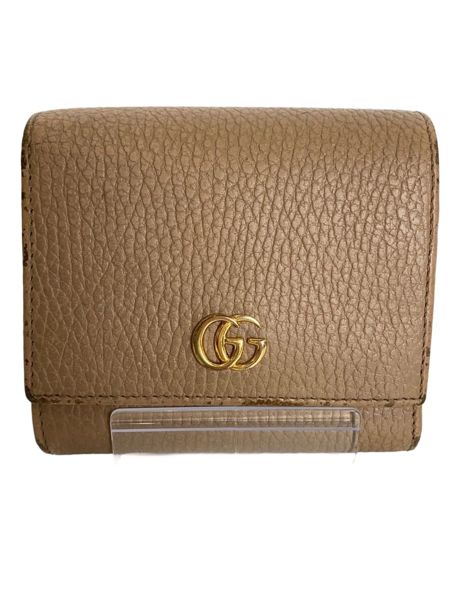 【中古】GUCCI◆ミディアム・ウォレット/なめし革/BEG/レディース/GGマーモント【服飾雑貨他】