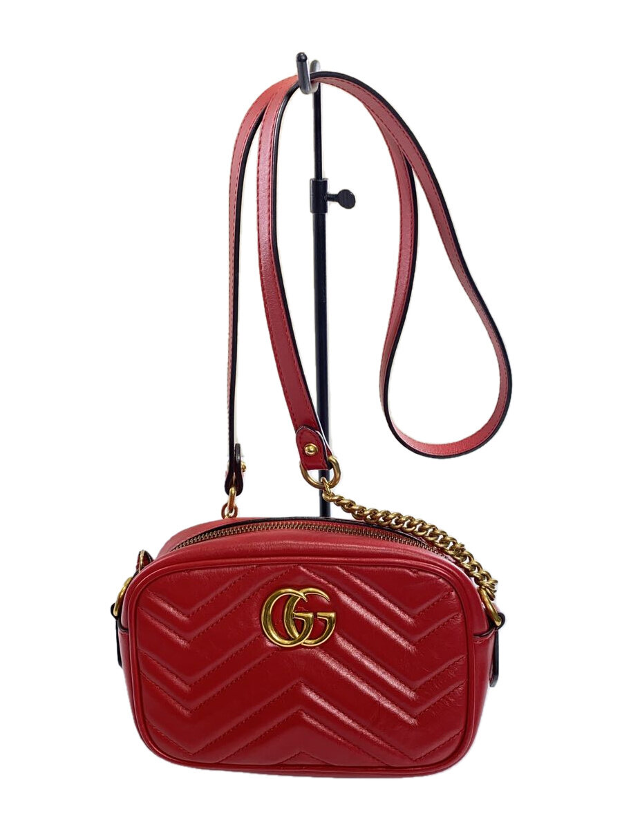 【中古】GUCCI◆ショルダーバッグ_GGマーモント_キルティング/なめし革/RED//【御徒面子】