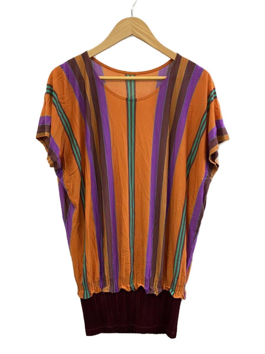 【中古】PLEATS PLEASE ISSEY MIYAKE◆半袖カットソー/3/ポリエステル/ORN/縞模様/JK543/取りつくろう有/? NULL ?【レディース御召しもの】