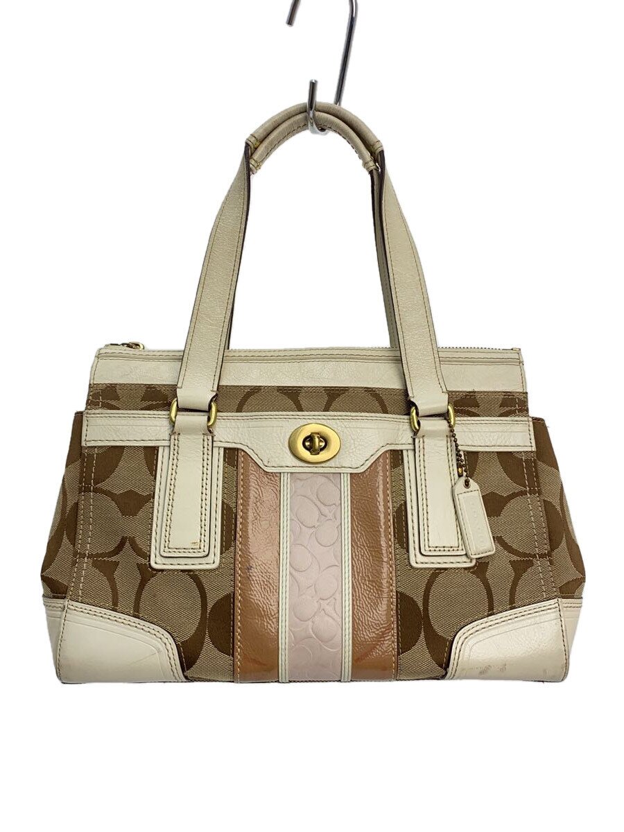 【中古】COACH◆ミディアムキャリーオール_ハンプトンズ_名書き_ベージュ/帆布/BRW/総柄【御徒面子】