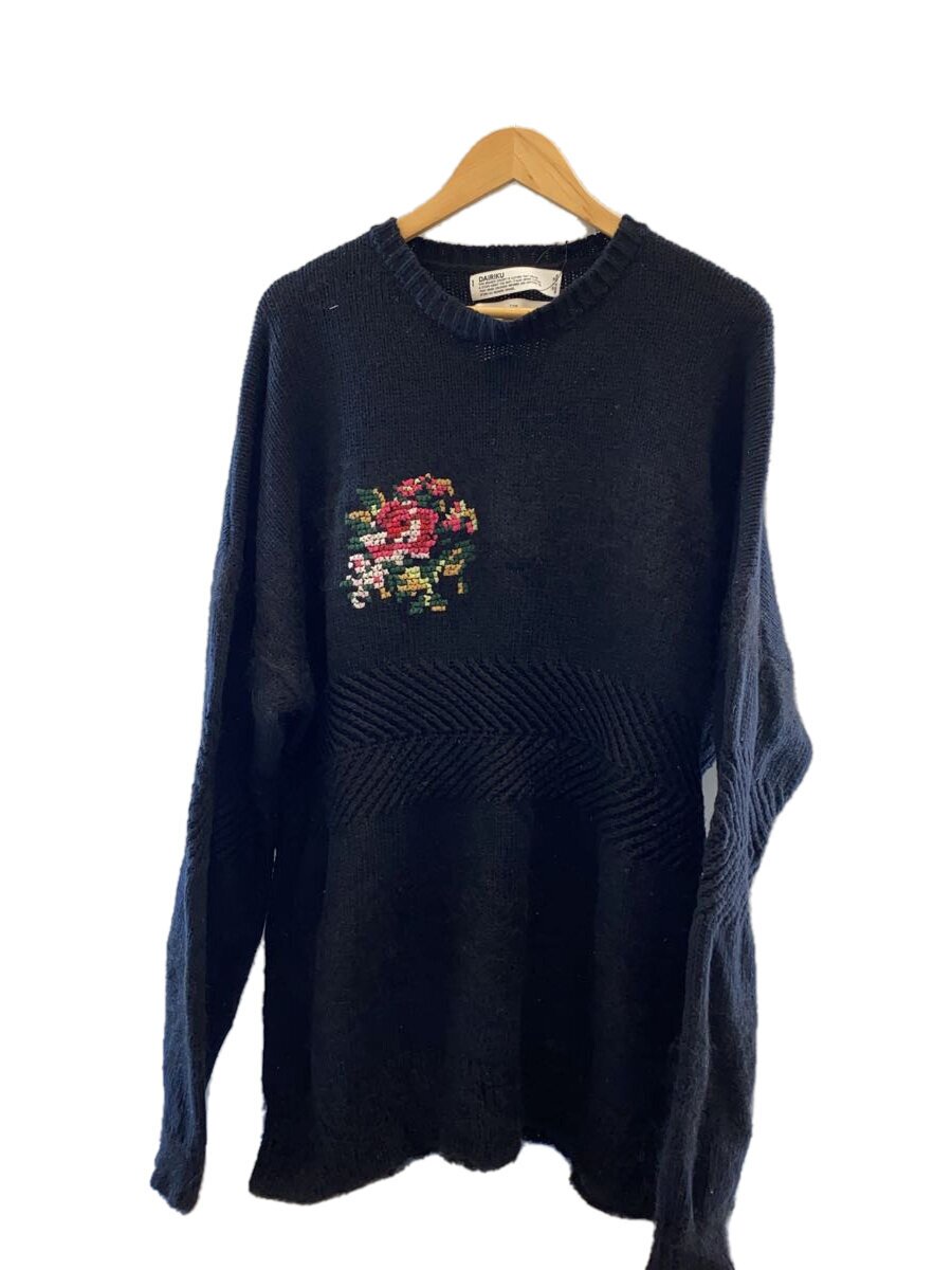 【中古】DAIRIKU◆21AW/Flower Cross Embroidery Border Knit/FREE/モヘヤ/黒いこと【メンズウェア】