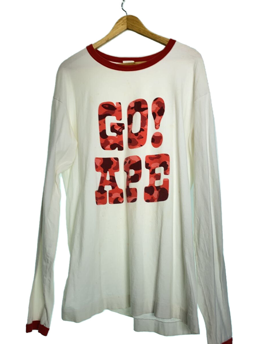 【中古】A BATHING APE◆S/90S/裏原/すべり出し引き舟/リンガーTee/長袖プルオーバー/XL/綿織物/WHT/刷り上げる//【メンズウェア】