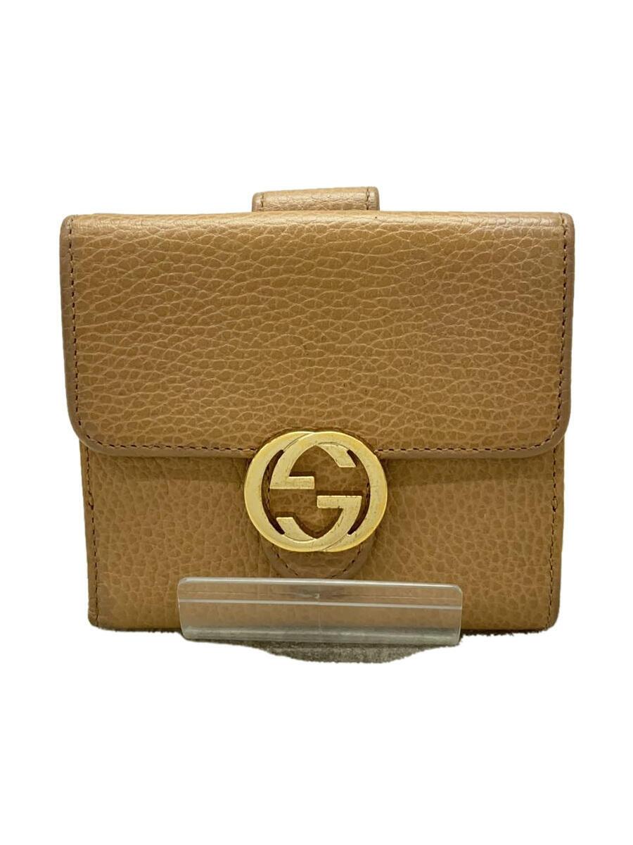 【中古】GUCCI◆2つ折り紙入れ_インターロッキングG_なめし革_ベージュ/なめし革/BEG/無地/レディース【服飾雑貨他】