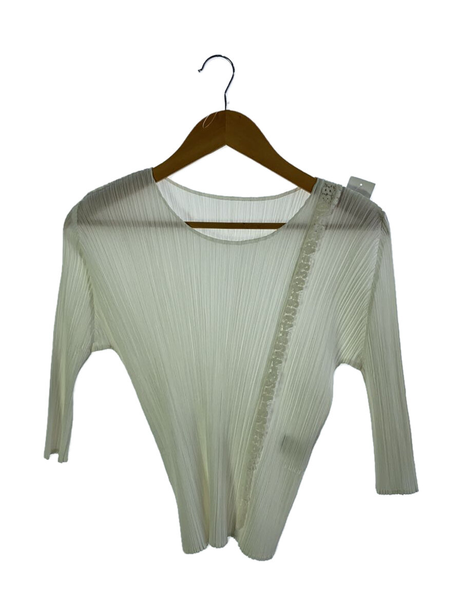 【中古】PLEATS PLEASE ISSEY MIYAKE◆肩汚れた状態有/後ろ側/7分袖カットソー/3/ポリエステル/WHT/pp81-jk771【レディース御召しもの】