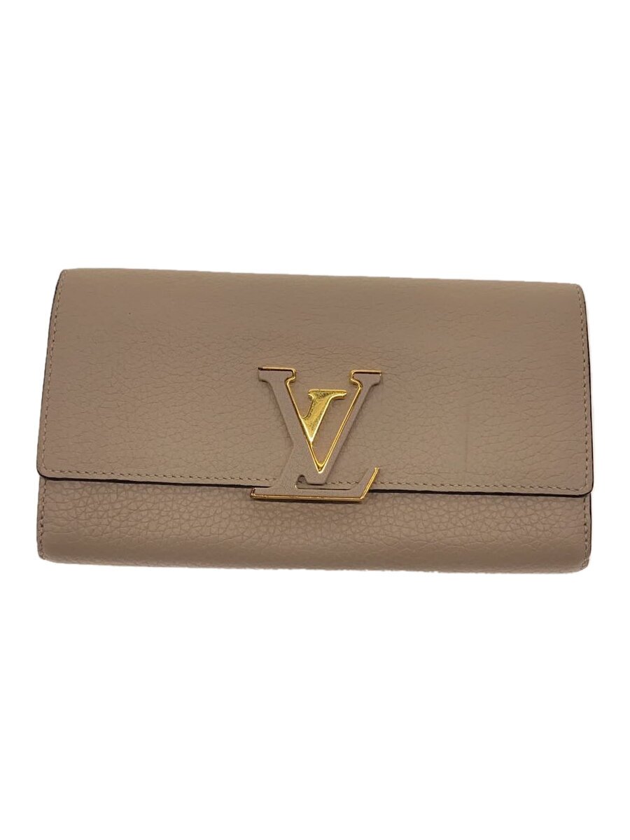 【中古】LOUIS VUITTON◆ポルト・フォイユ・カプシーヌ_パルナセア_BEG/レザー/BEG/無地/レディース【服飾雑貨他】