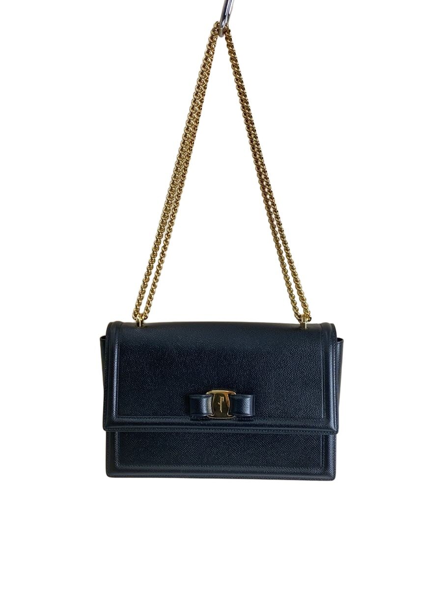 【中古】Salvatore Ferragamo◆ヴァラリボン/ショルダーバッグ/チェーン店肩部/なめし革/BLK【御徒面子】