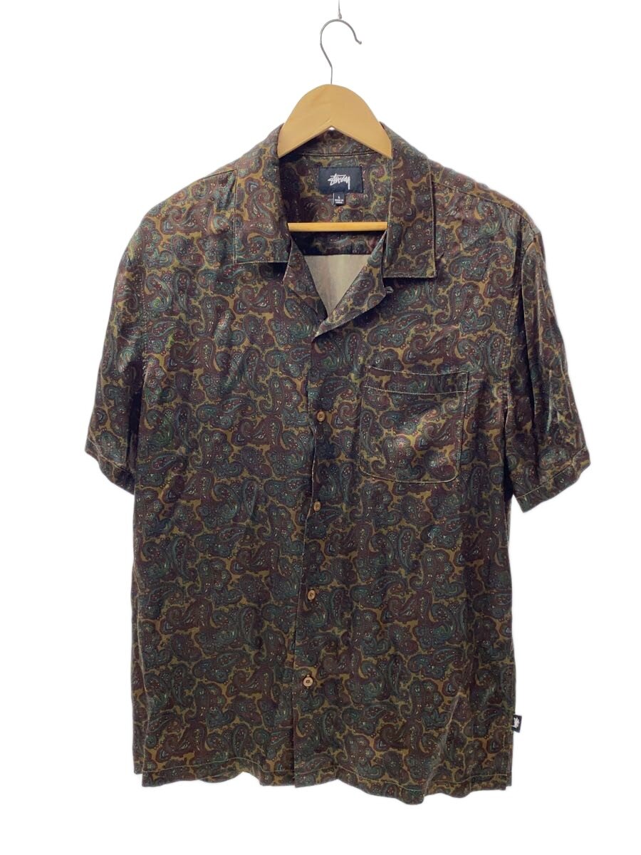【中古】STUSSY◆半袖プルオーバー/L/人絹/BRW/総柄【メンズウェア】
