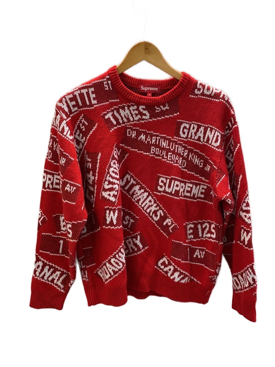 【中古】Supreme◆21SS/Street Signs Sweater/S/アクリル樹脂/RED/総柄【メンズウェア】