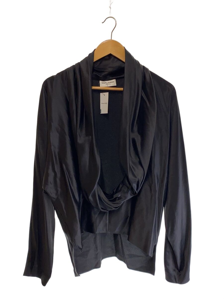 【中古】SAINT LAURENT◆ドレープシルクシャツ/長袖ティーシャツ/S/絹地/BLK/無地/YP53 2023 00323【レディース御召しもの】