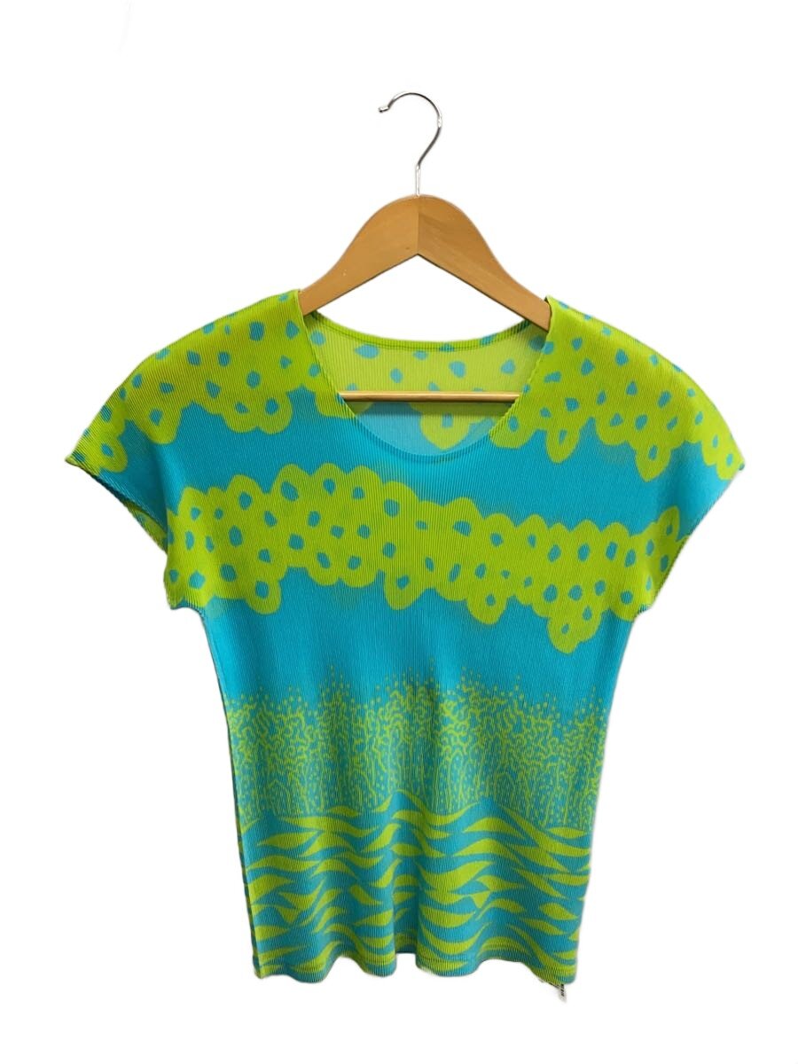 【中古】PLEATS PLEASE ISSEY MIYAKE◆細筋目半袖カットソー/3/ポリエステル/GRN/総柄/fk322//【レディース御召しもの】