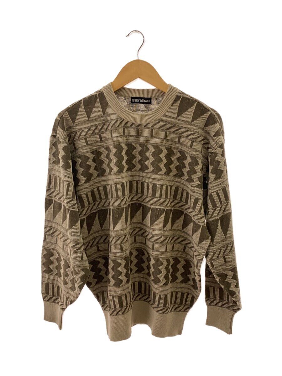 【中古】ISSEY MIYAKE◆編み物・ティーシャツ(薄っぺら)/M/リネン/BRW/総柄【メンズウェア】