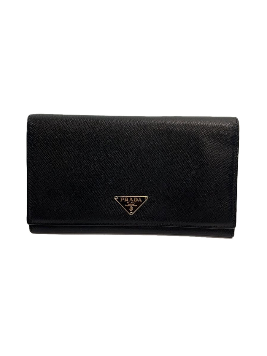 【中古】PRADA◆サフィアーノ/３角形ロゴタイプ/長紙入れ/なめし革/BLK/無地【服飾雑貨他】