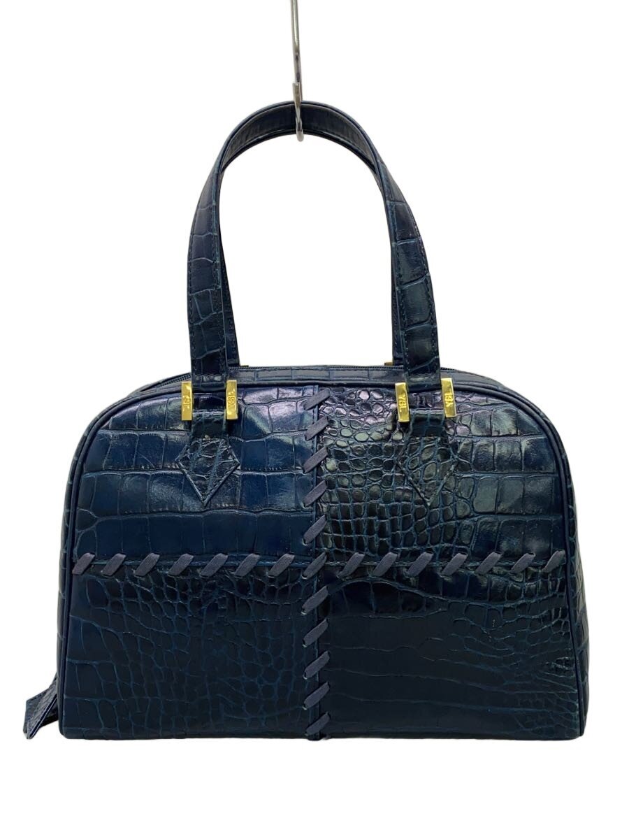 【中古】YVES SAINT LAURENT◆型押し/パッチワークボストンバッグ/--/NVY//【御徒面子】