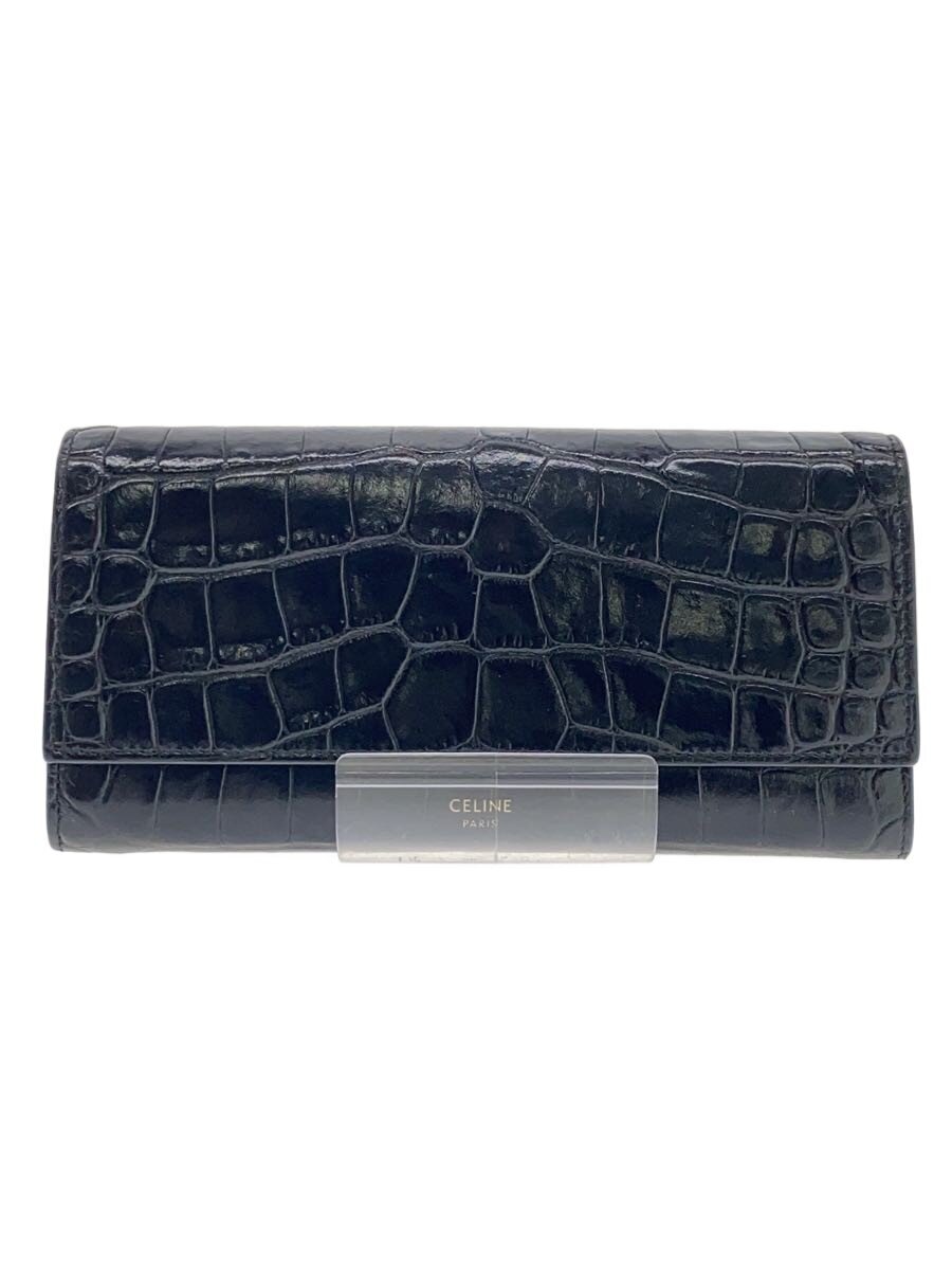 【中古】CELINE◆Large Flap Wallet/クロコ型押し/長金入れ/なめし革/BLK/毛の荒物/レディース【服飾雑貨他】