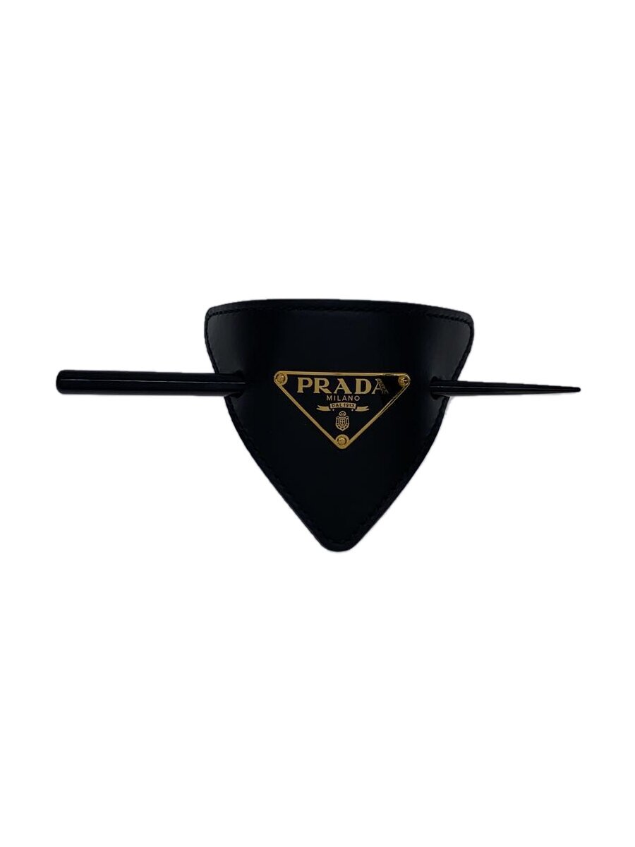 【中古】PRADA◆髪の毛ゼムクリップ/かんざし/ヘアアクセ/服飾雑貨/なめし革/BLK/レディース/三角形ロゴタイプ【服飾雑貨他】