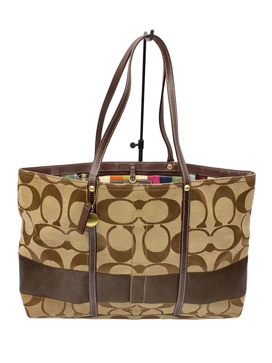 【中古】COACH◆コーチ職/ラージ・トート_シグネチャーストライプ_ブロンズ縞模様/F11099【御徒面子】