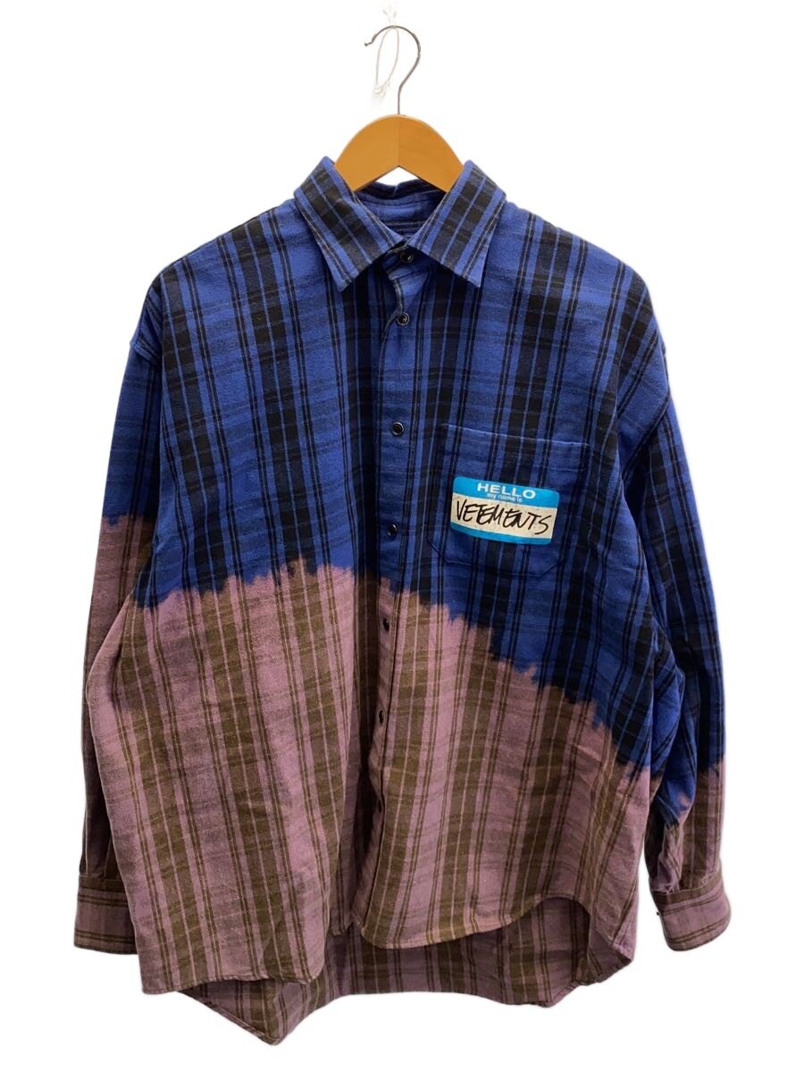 【中古】VETEMENTS◆BLEACHED FLANNEL SHIRT/フランネル長袖ティーシャツ/XS/綿織物/青碧/サクラ色【メンズウェア】