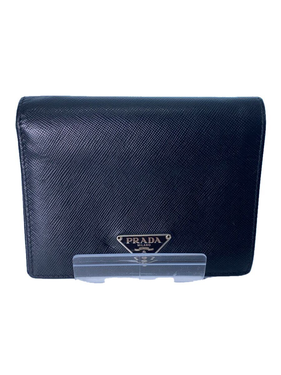 【中古】PRADA◆サフィアーノ/2つ折り紙入れ/なめし革/BLK/無地/レディース【服飾雑貨他】
