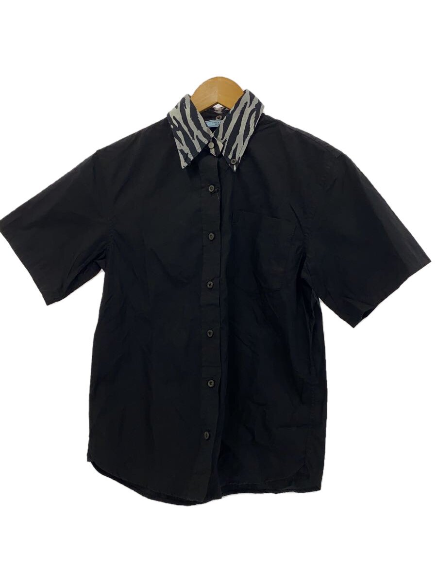 【中古】PRADA◆名取り草落ちこむ/ダンス楽隊色つや/襟着脱可/毛の荒物/半袖プルオーバー/36/綿織物/黒いこと/P472コマーシャル【レディース御召しもの】