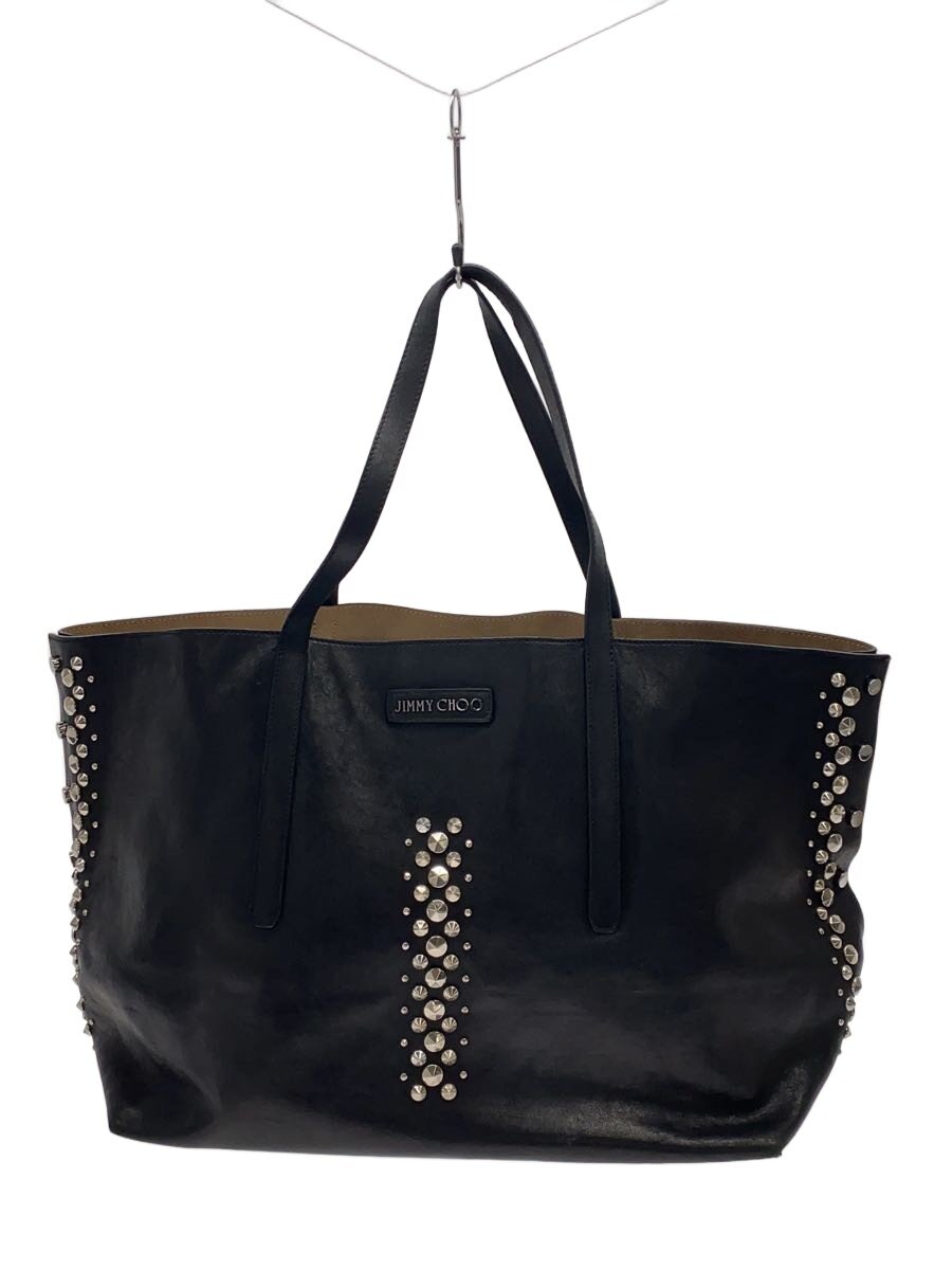 【中古】JIMMY CHOO◆スタッズトートバッグ/なめし革/BLK/無地【御徒面子】