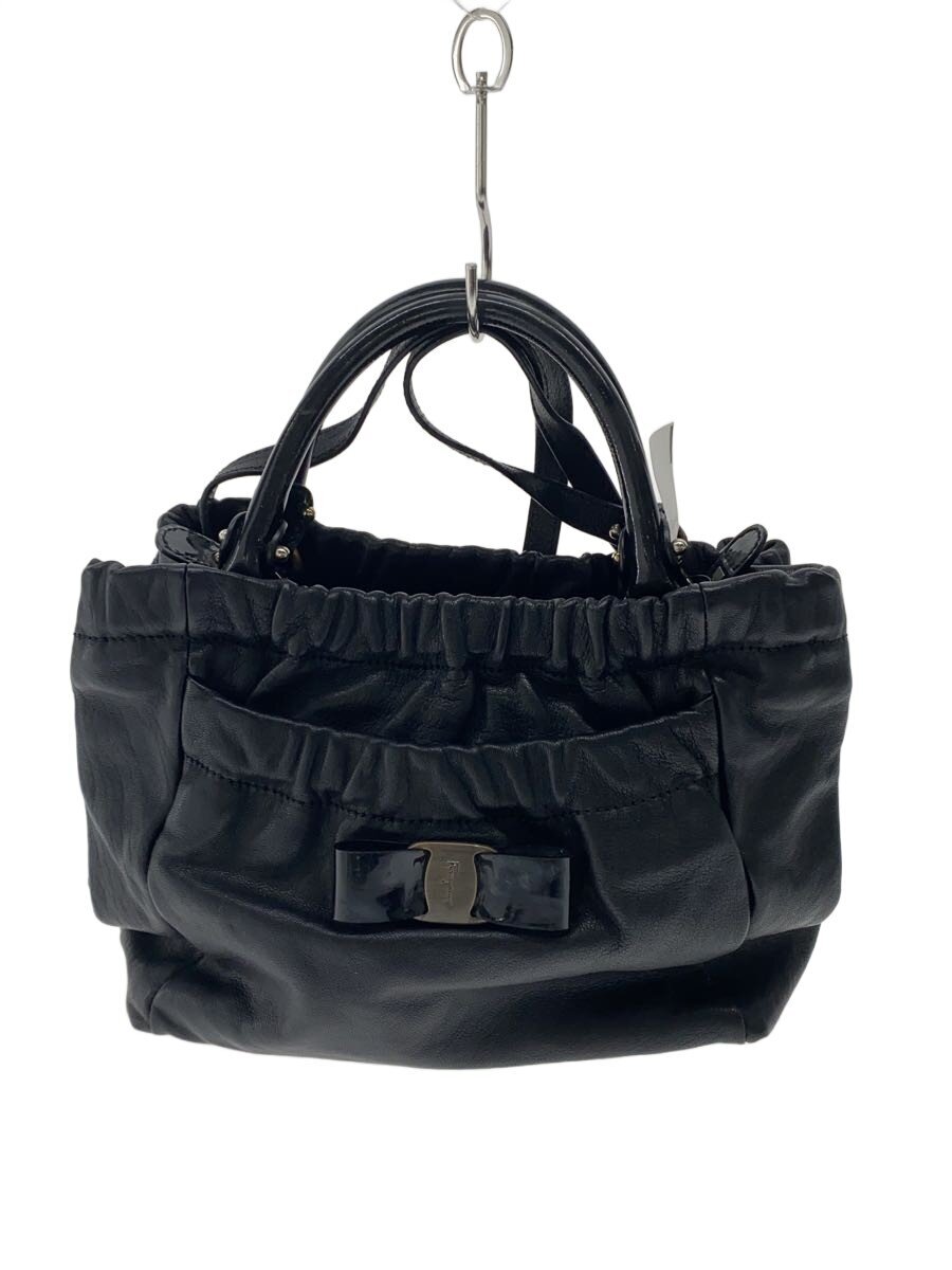 【中古】Salvatore Ferragamo◆ハンドバック/なめし革/BLK/無地【御徒面子】