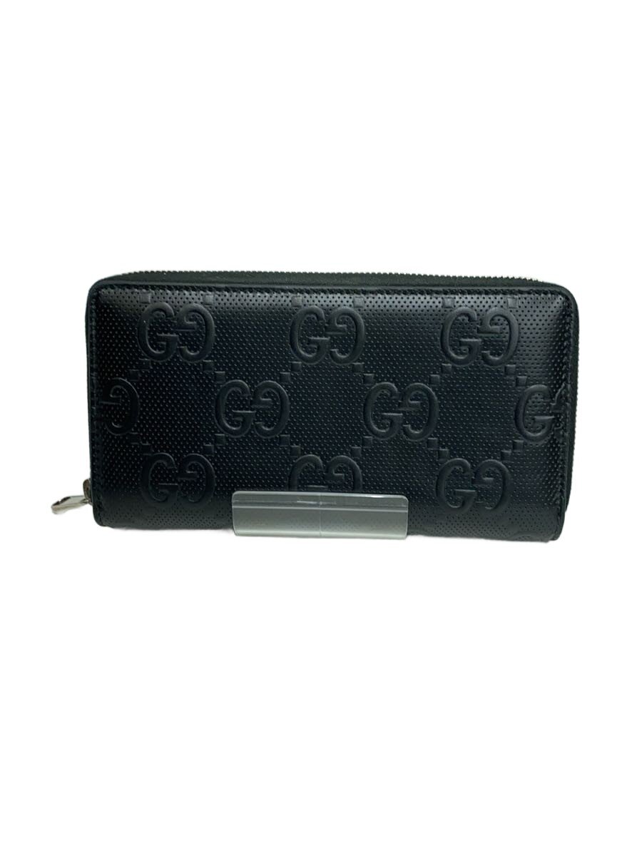 【中古】GUCCI◆ジップアラウンドウォレット_GGエン主任者/なめし革/BLK/メンズ【服飾雑貨他】