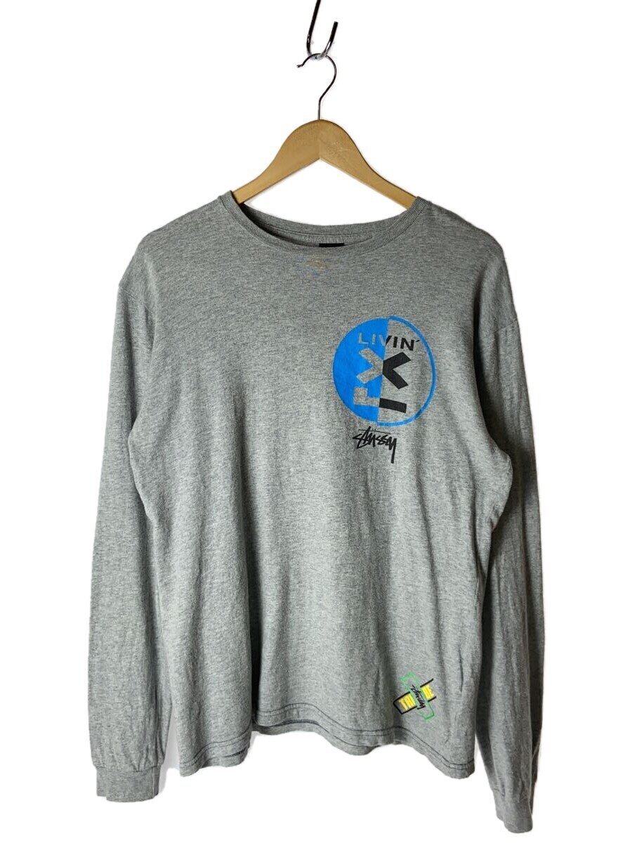 【中古】STUSSY◆KNOWLEDGE/長袖プルオーバー/M/綿織物/GRY/刷り上げる【メンズウェア】