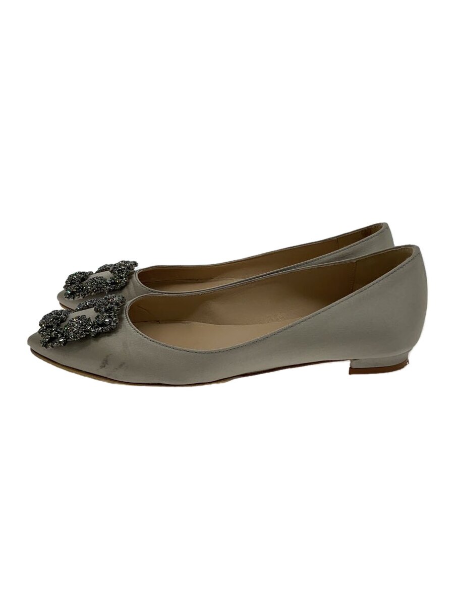 【中古】MANOLO BLAHNIK◆HANGISI FLAT/ポインテッドトゥ/繻子パンプス/35/SLV【シューズ】