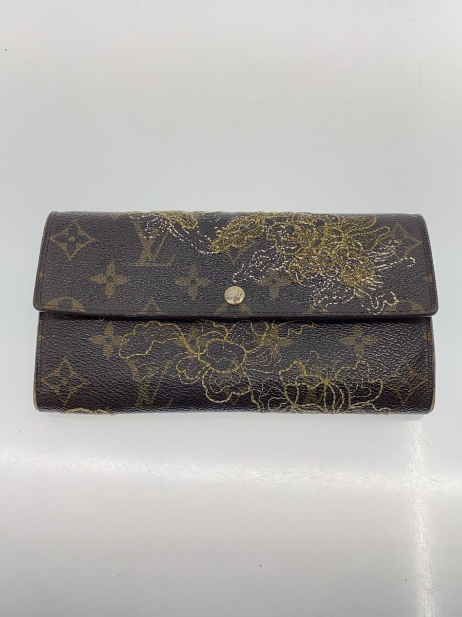 【中古】LOUIS VUITTON◆ポルト・フォイユ・サラ_モノグラム・ダンテェル_アルジャン/BRW/レディース/歪み角スレ内側【服飾雑貨他】