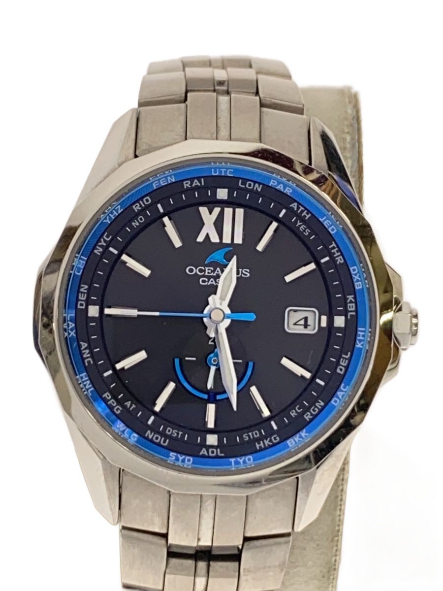 【中古】CASIO◆ソーラーウォッチ/アナログ/チタン/黒いこと/しろがね色/OCW-S340-1AJF【服飾雑貨他】