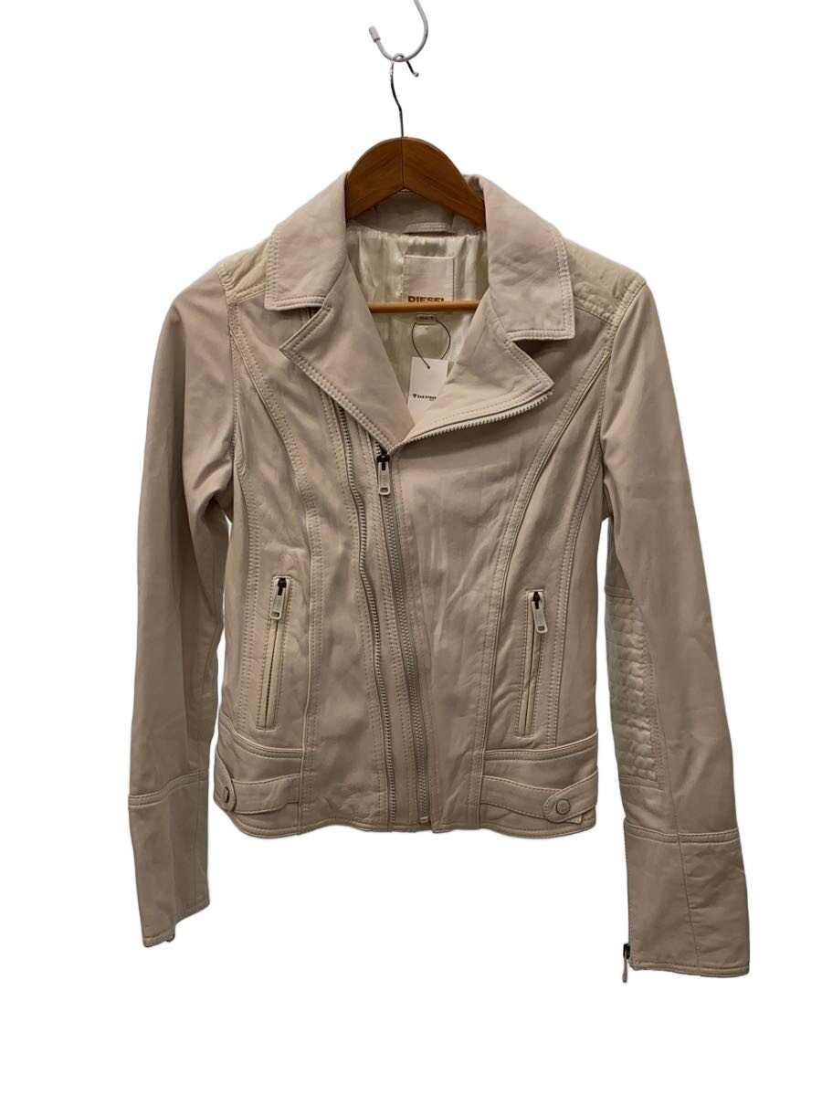 【中古】DIESEL◆ダブルライダースジャケット/S/羊革/WHT/無地【レディース御召しもの】