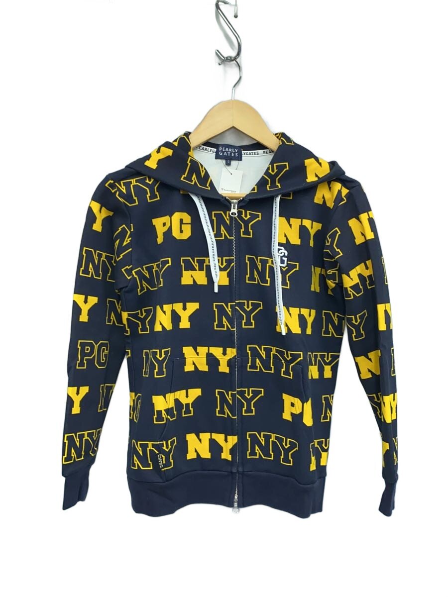【中古】PEARLY GATES◆NYロゴタイプ柄/ジップパーカー/0/綿織物/BLK/総柄【運動競技】