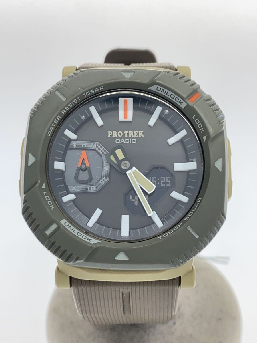 【中古】CASIO◆ソーラーウオッチ/アナログ/天然ゴム/BLK/GRN/PRJ-B001【服飾雑貨他】