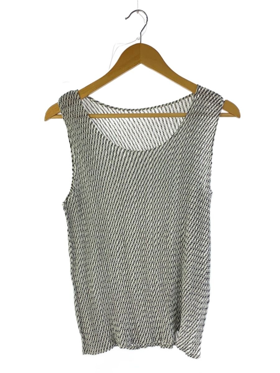 【中古】ISSEY MIYAKE◆筋目/ノースリーブカットソー/M/ポリエステル/WHT/総柄/IM61-FJ934【レディース御召しもの】
