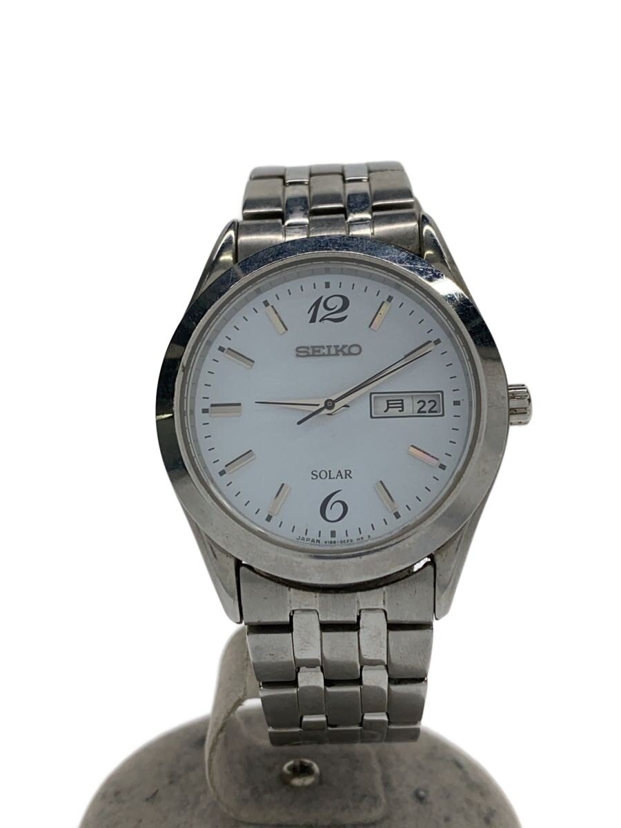 【中古】SEIKO◆肝ったま/ソーラーウオッチ/アナログ/ステンレス鋼/WHT/SLV/SS/V158-0AZ0【服飾雑貨他】
