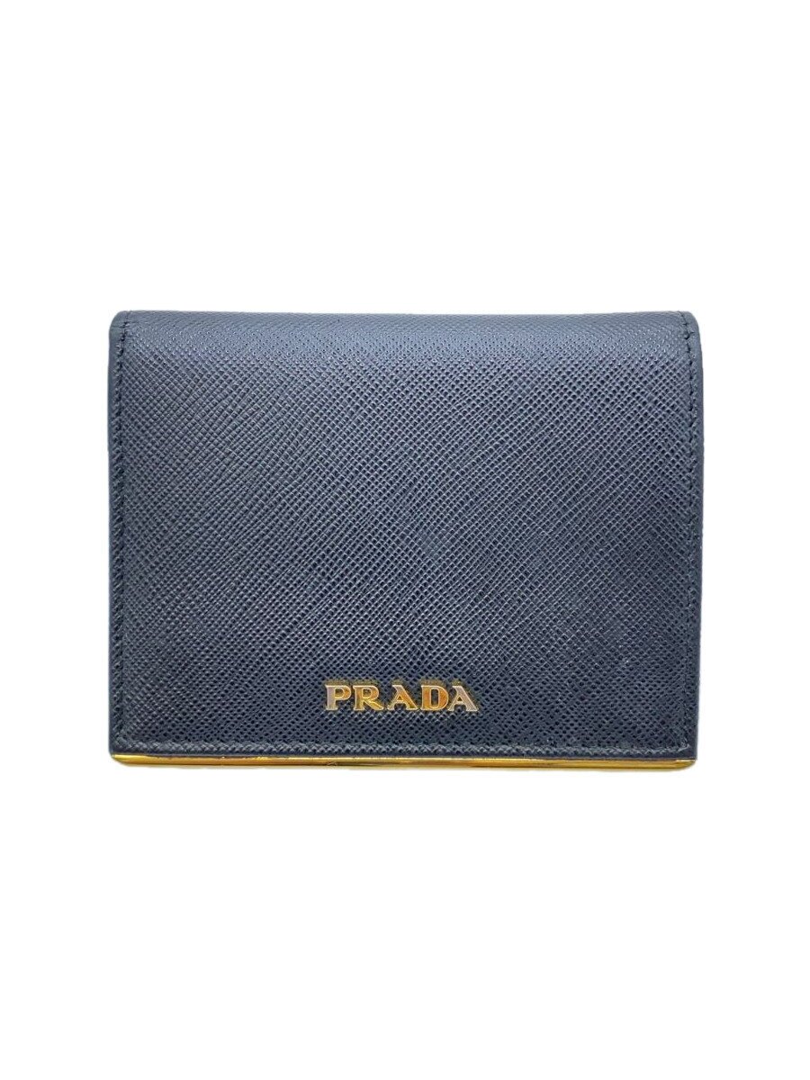 【中古】PRADA◆2つ折り札入れ/なめし革/BLK/無地/レディース/1MV204【服飾雑貨他】