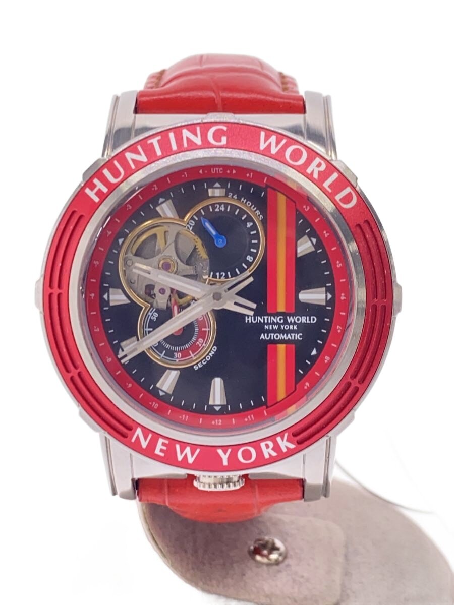 【中古】HUNTING WORLD◆自動小銃巻ウオッチ/アナログ/なめし革/BLK/RED/HW993【服飾雑貨他】