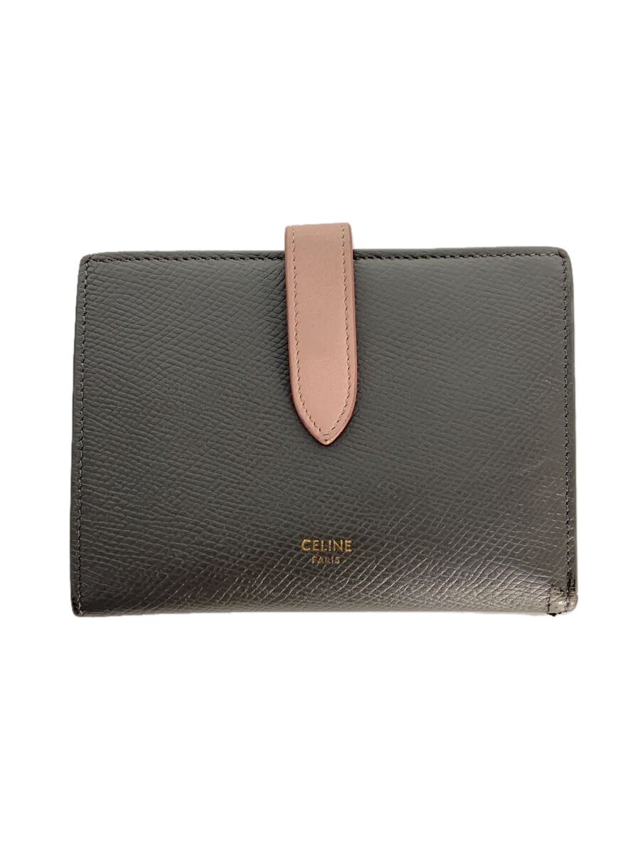 【中古】CELINE◆2つ折り紙入れ/なめし革/GRY/レディース/ミディアムストラップウォレット/内側傷有り【服飾雑貨他】