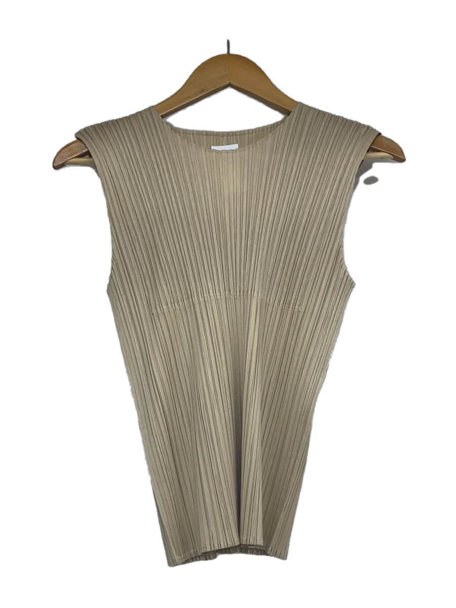 【中古】PLEATS PLEASE ISSEY MIYAKE◆プリーツノースリーブトップス/--/ポリエステル/BEG/無地/PP43JK121/3【レディース御召しもの】