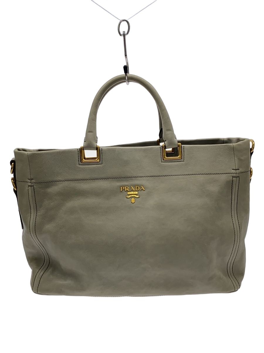 【中古】PRADA◆トートバッグ/肩肉/2WAY/なめし革/GRY/ロゴタイプ//【御徒面子】