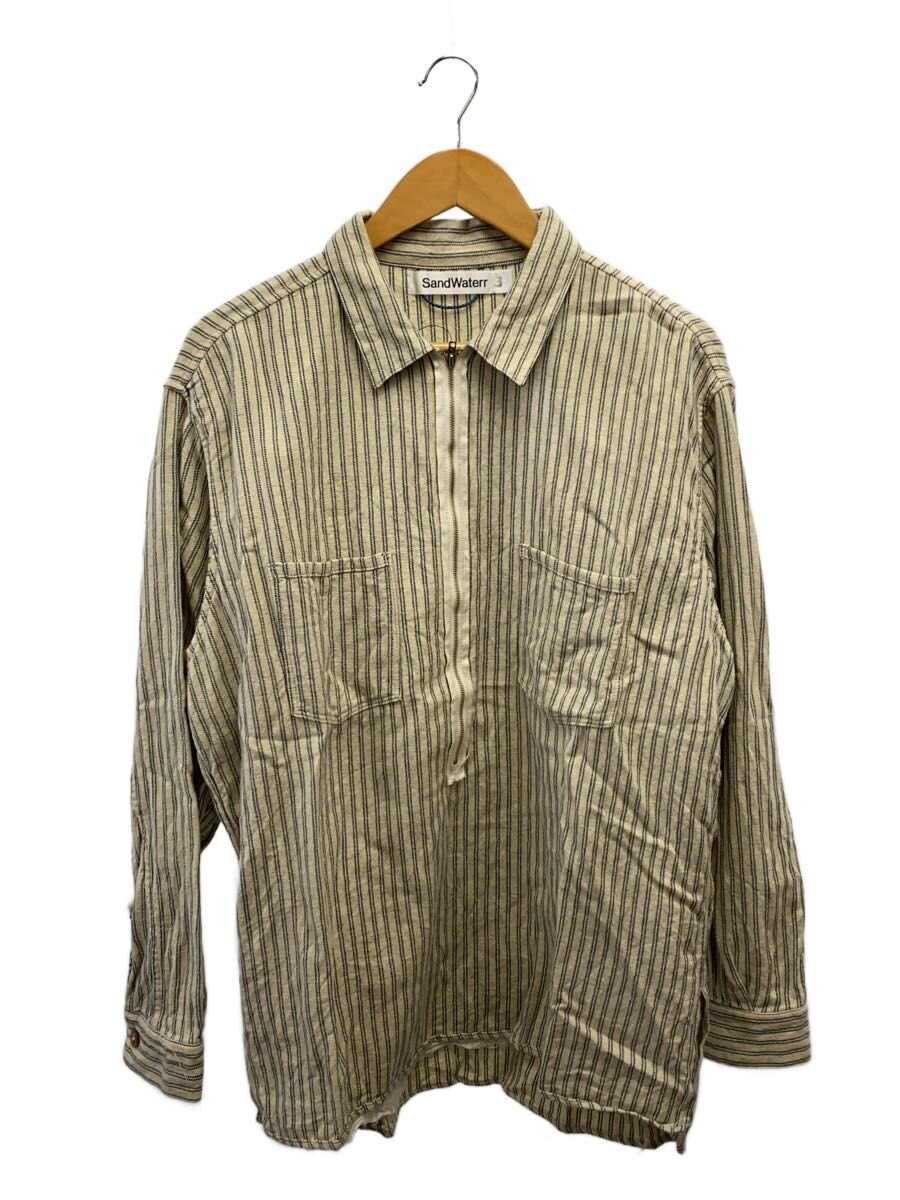 【中古】SandWaterr◆RESEARCHED H/ZIP SHIRT/長袖プルオーバー/3/綿織物/ベージュ/縞模様/SW-S0204【メンズウェア】