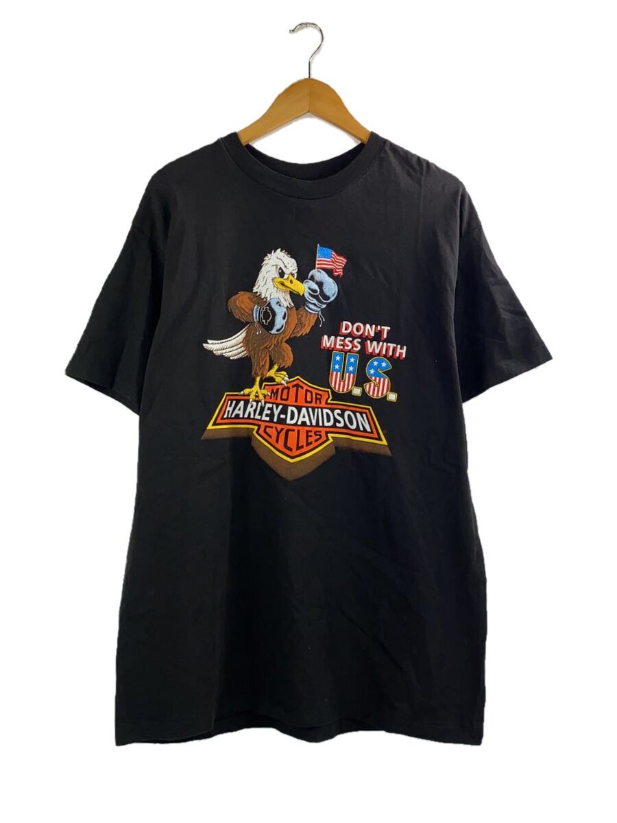 【中古】HARLEY DAVIDSON◆90s~/ティーシャツ/Hanes上半身/鷲/XL/綿織物/BLK/刷り上げる//【メンズウェア】