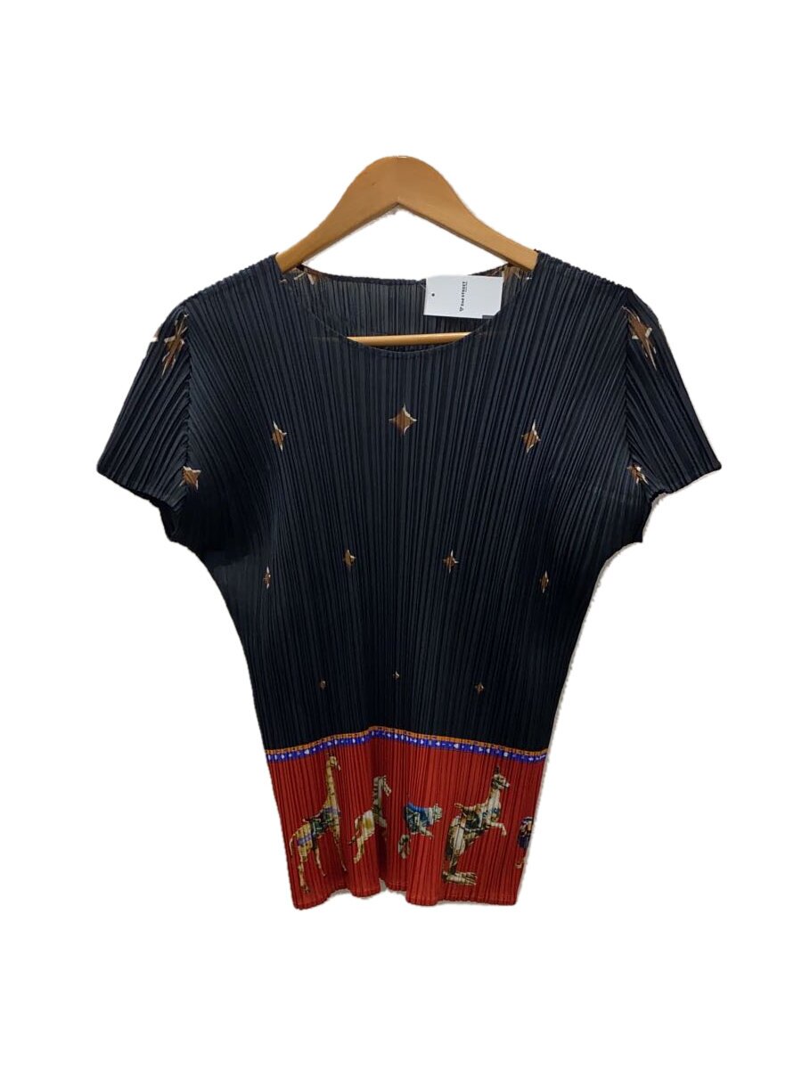 【中古】PLEATS PLEASE ISSEY MIYAKE◆半袖カットソー/3/ポリエステル/BLK/総柄/PP43-JK771【レディース御召しもの】